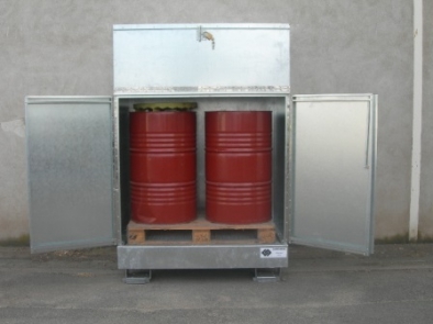 BRAG 2FCP - Abri de stockage acier avec bac de rétention stockage 2 fûts rétention 220 litres