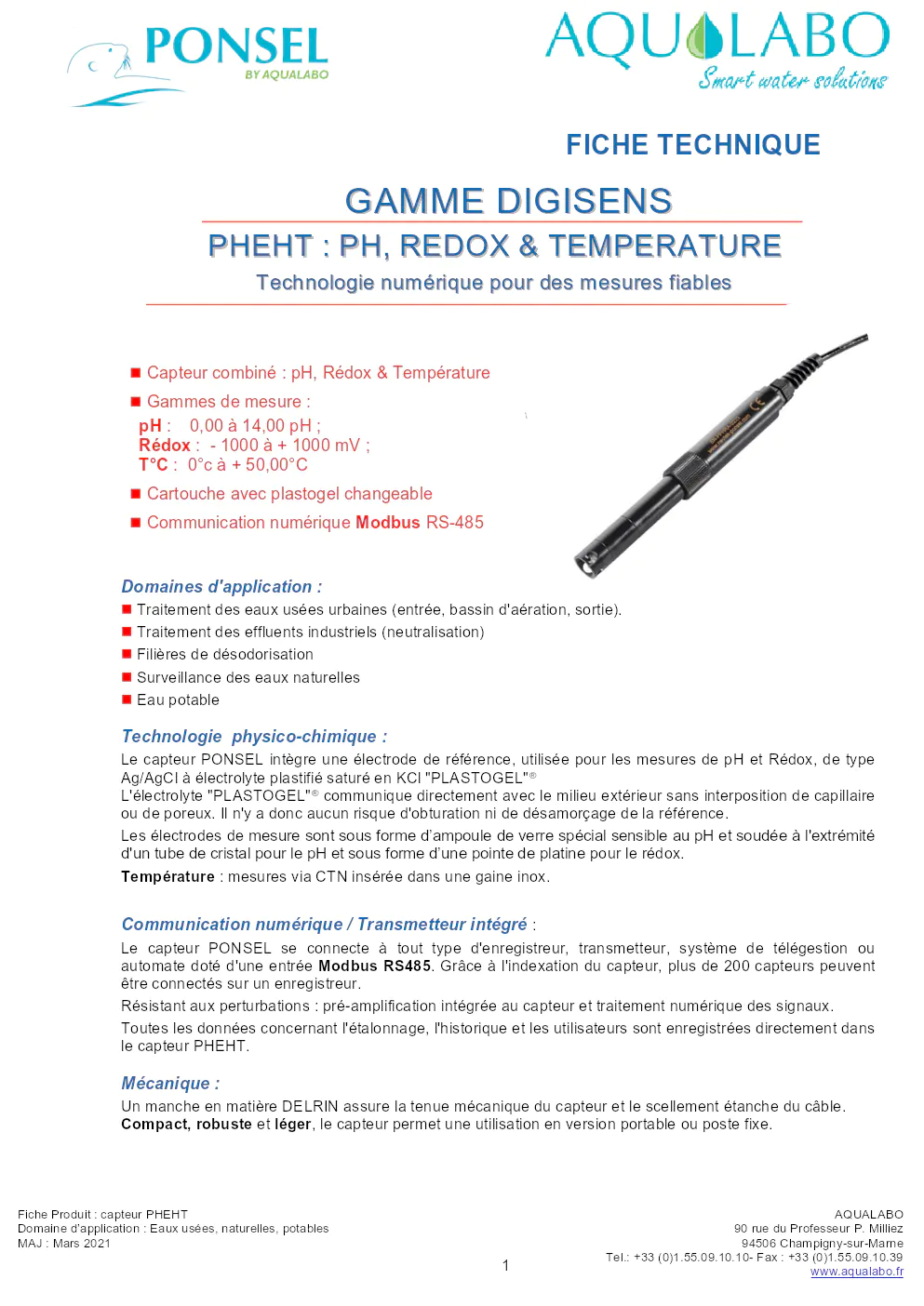 Image du document pdf : fiche technique du capteur pheht de PONSEL  