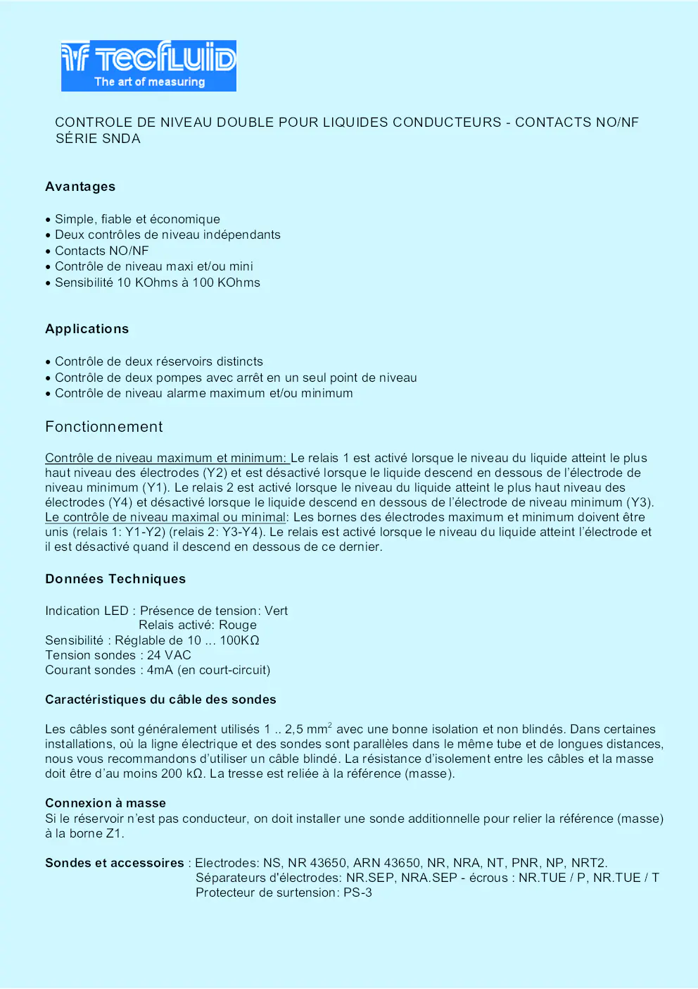 Image du document pdf : brochure de contrôle de niveau double pour liquides conducteurs série snda  