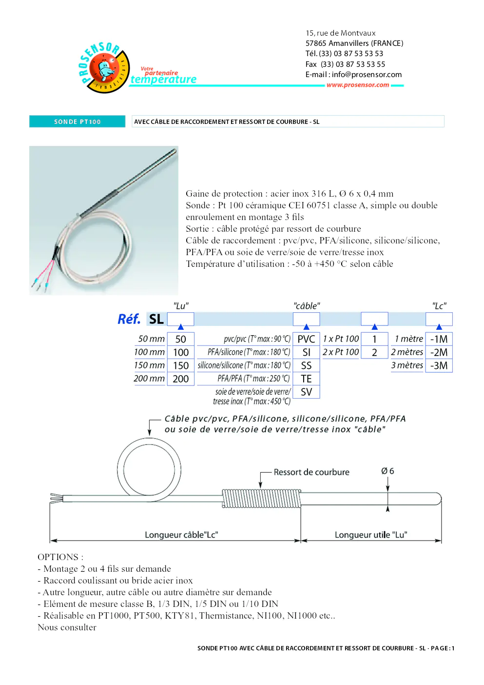 Image du document pdf : fiche technique de la sonde PT100 avec câble de raccordement et ressort de courbure SL  