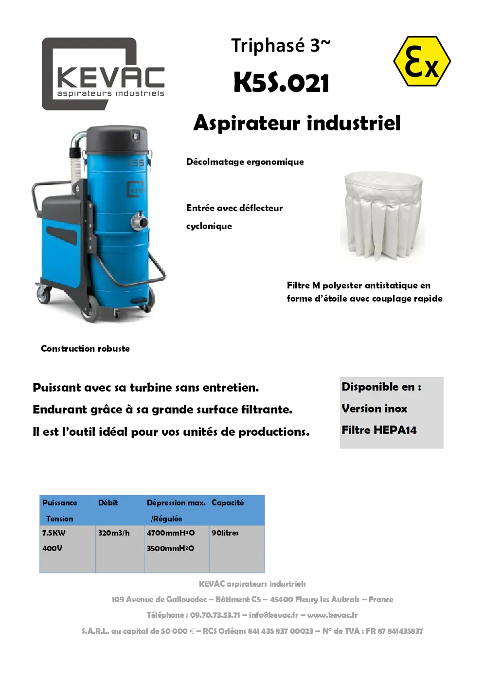 Image du document pdf : brochure aspirateur industriel triphasé k5s.021 kevac  