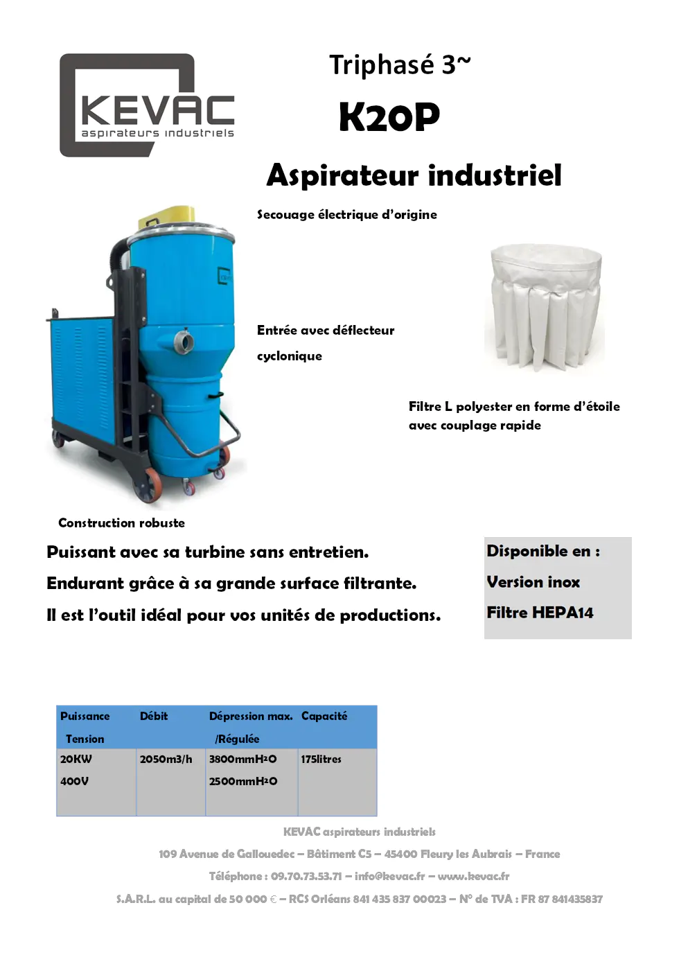 Image du document pdf : manuel technique aspirateur industriel triphasé k20p  