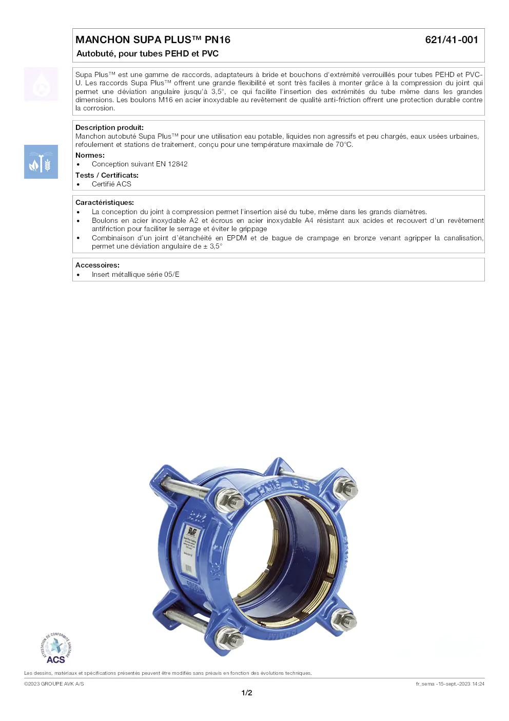 Image du document pdf : fiche technique du manchon supa plus pn16 621/41-001 pour tubes pehd et pvc  