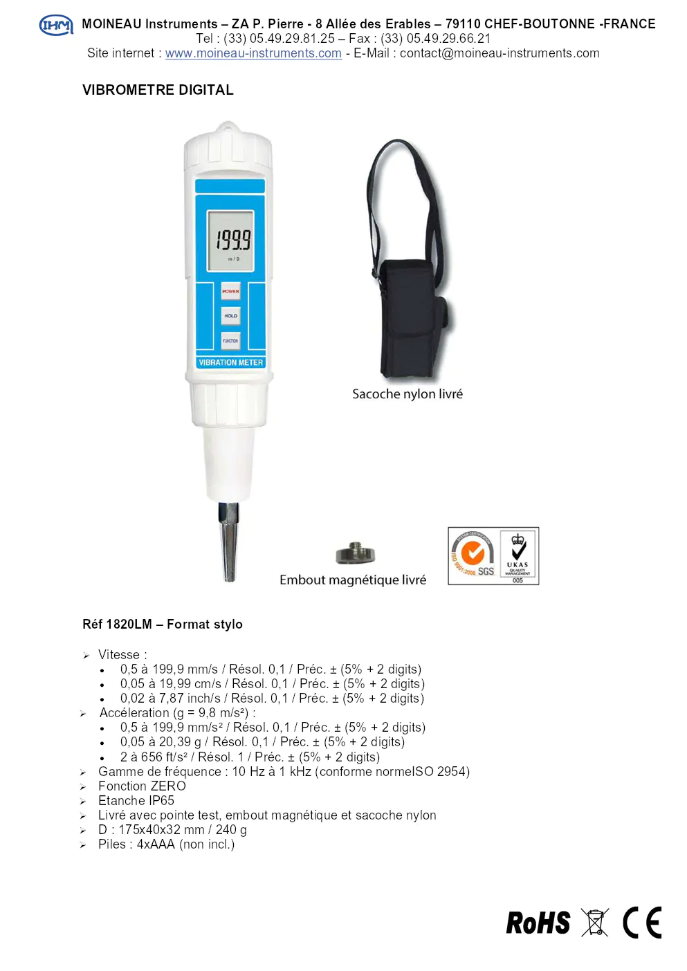 Image du document pdf : Brochure du Vibromètre Digital et Enregistreur d