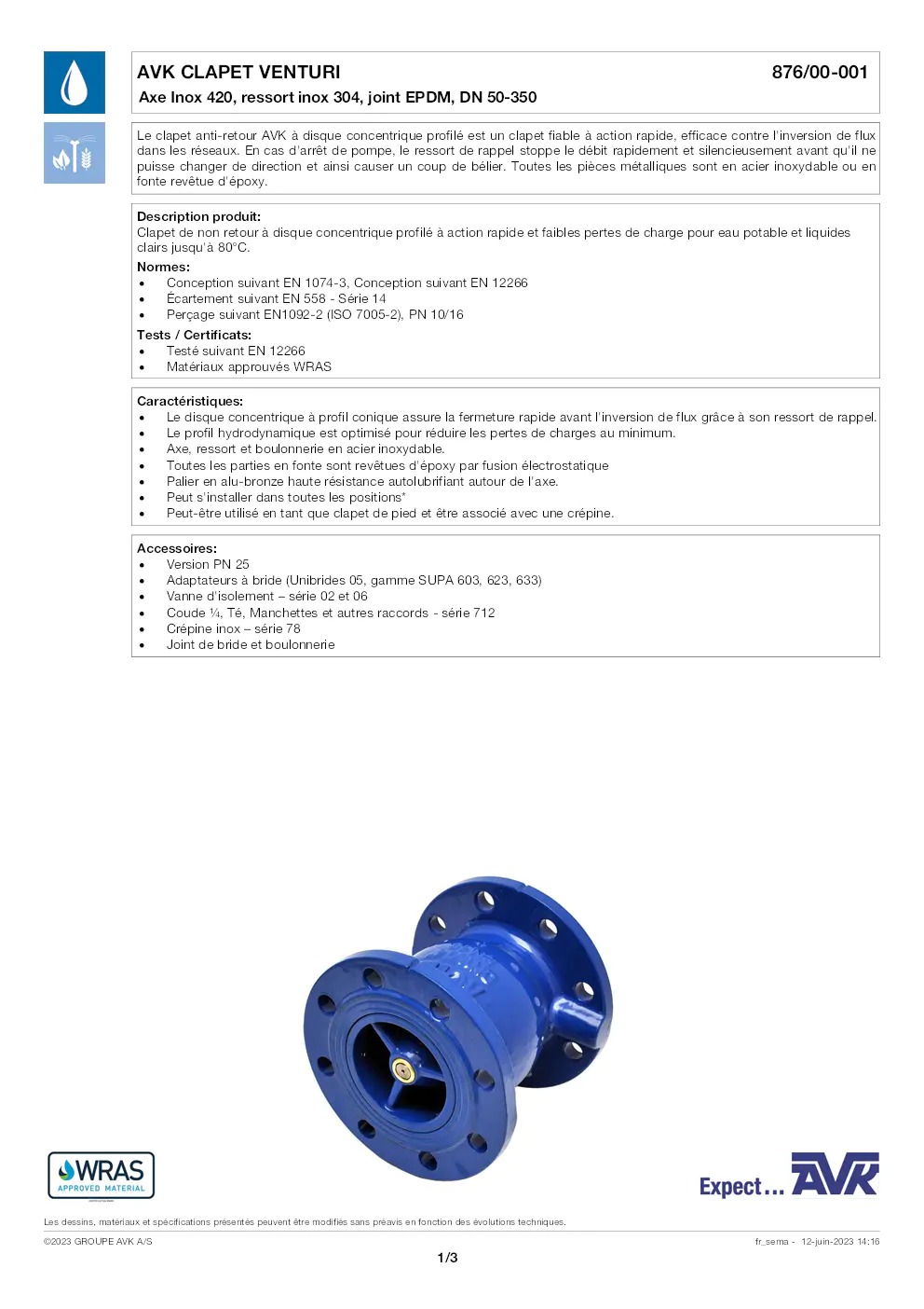 Image du document pdf : fiche technique du clapet venturi avk 876/00-001  