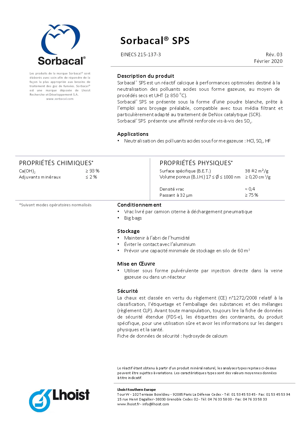 Image du document pdf : fiche technique sur sorbacal sps  