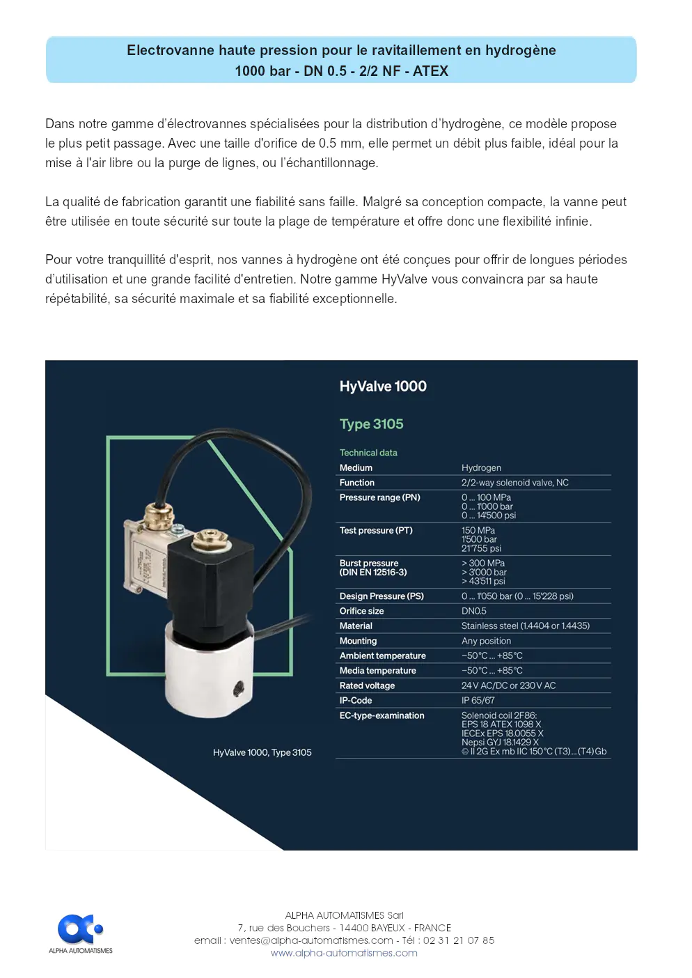 Image du document pdf : Electrovanne haute pression pour hydroge?ne - 1000bar DN0,5 Atex  