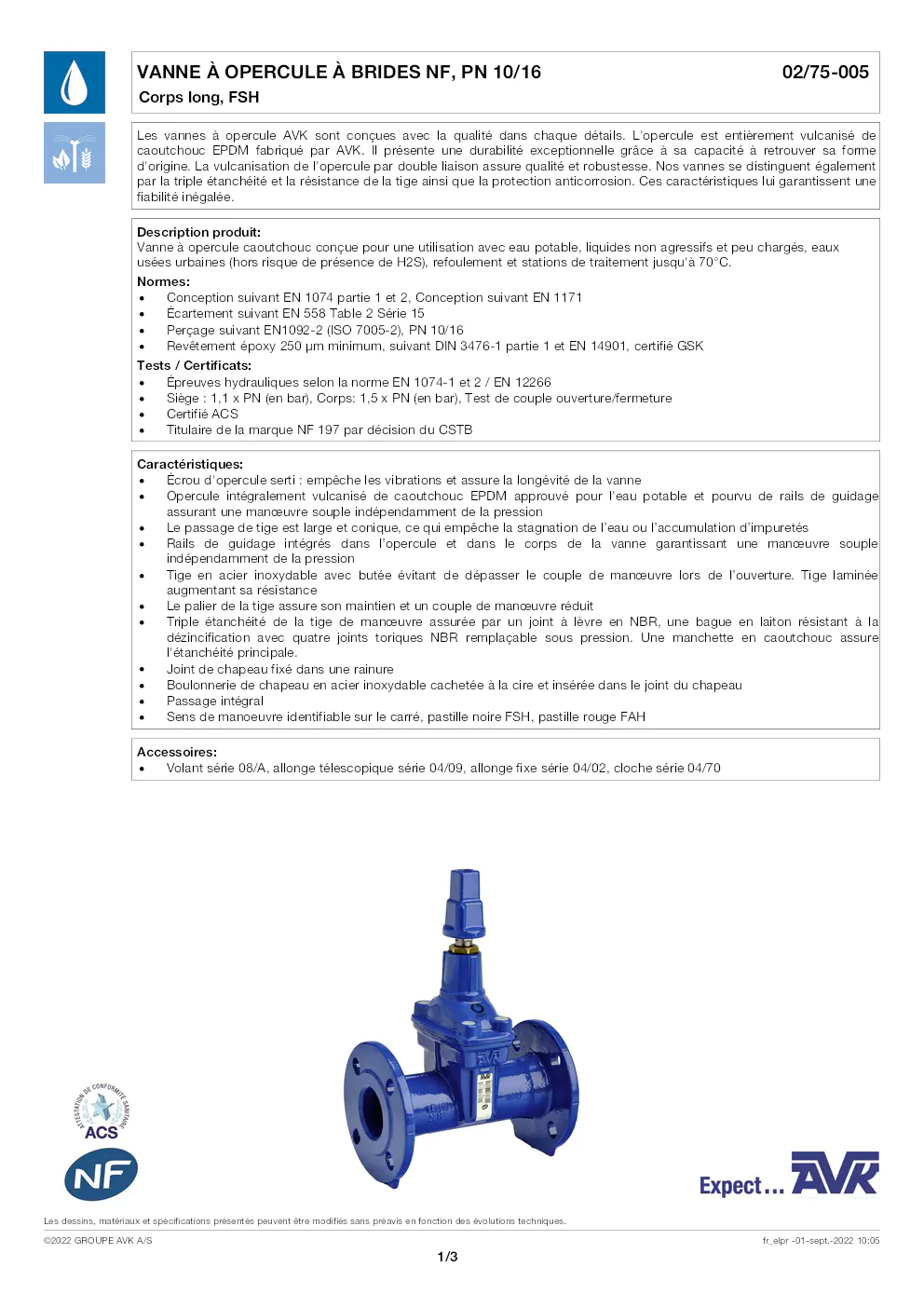 Image du document pdf : fiche technique vanne à opercule à brides nf, pn 10/16  