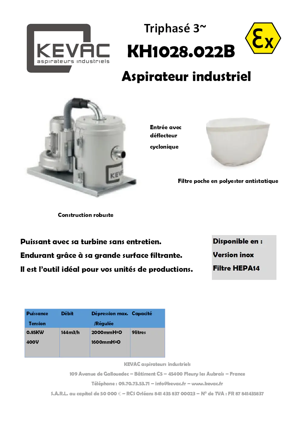 Image du document pdf : aspirateur industriel triphasé KH1028.022B pour zone ATEX 22  