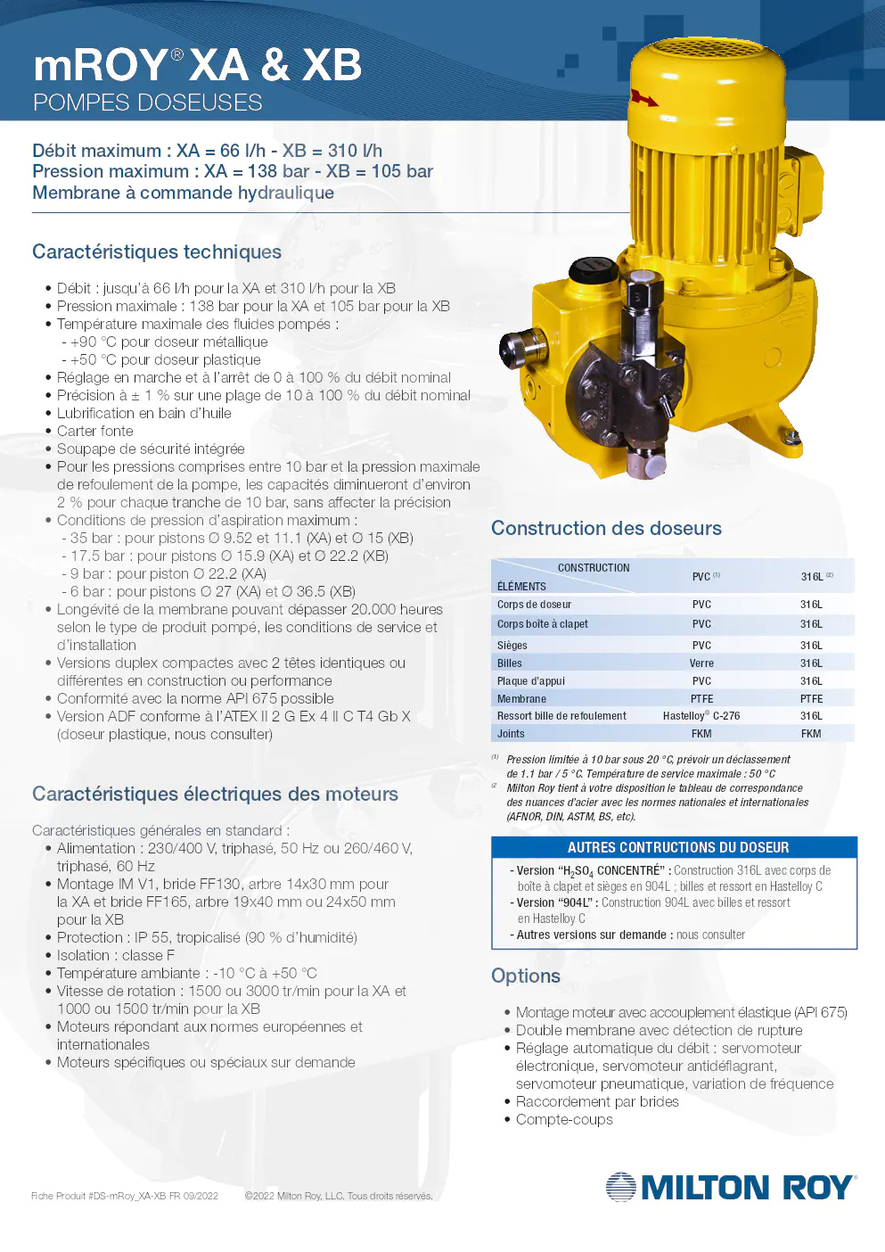 Image du document pdf : fiche produit des pompes doseuses mROY XA et XB  