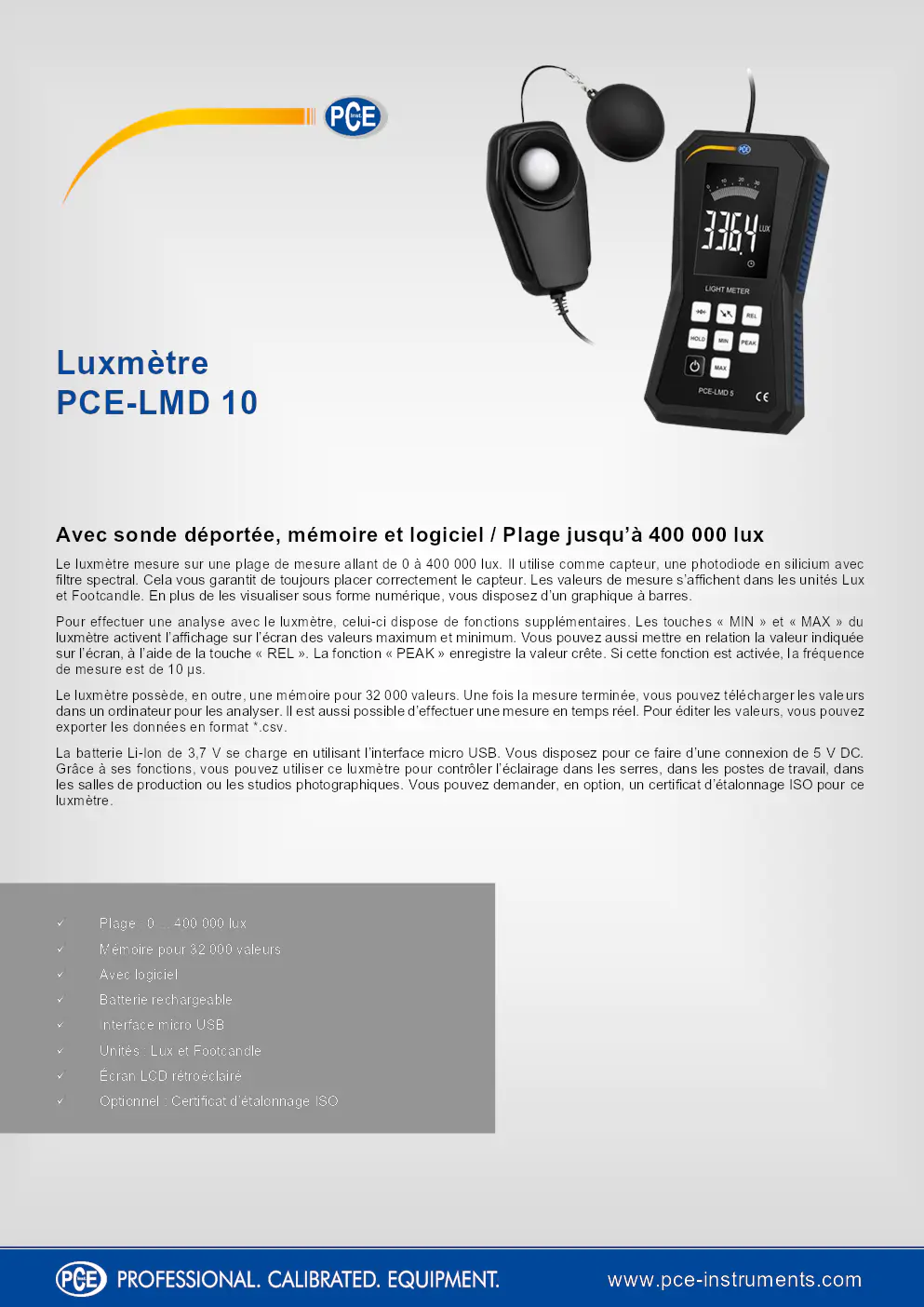 Image du document pdf : manuel du luxmètre pce-lmd 10 avec sonde déportée  