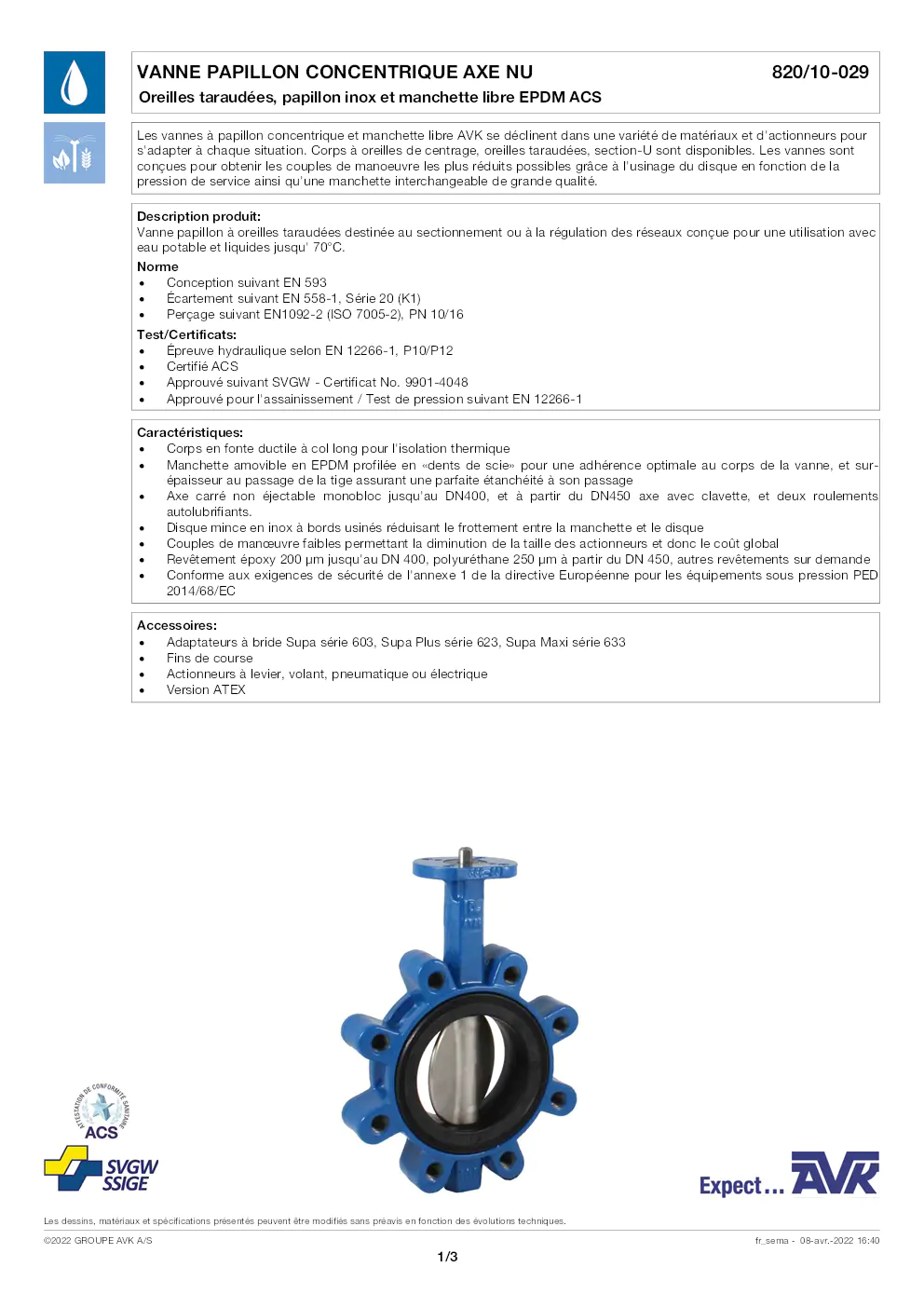 Image du document pdf : fiche technique de la vanne papillon concentrique axe nu 820/10-029  