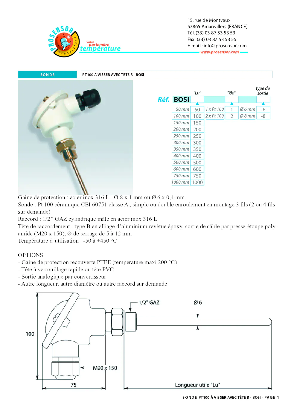 Image du document pdf : fiche technique de la sonde PT100 à visser avec tête B - BOSI  