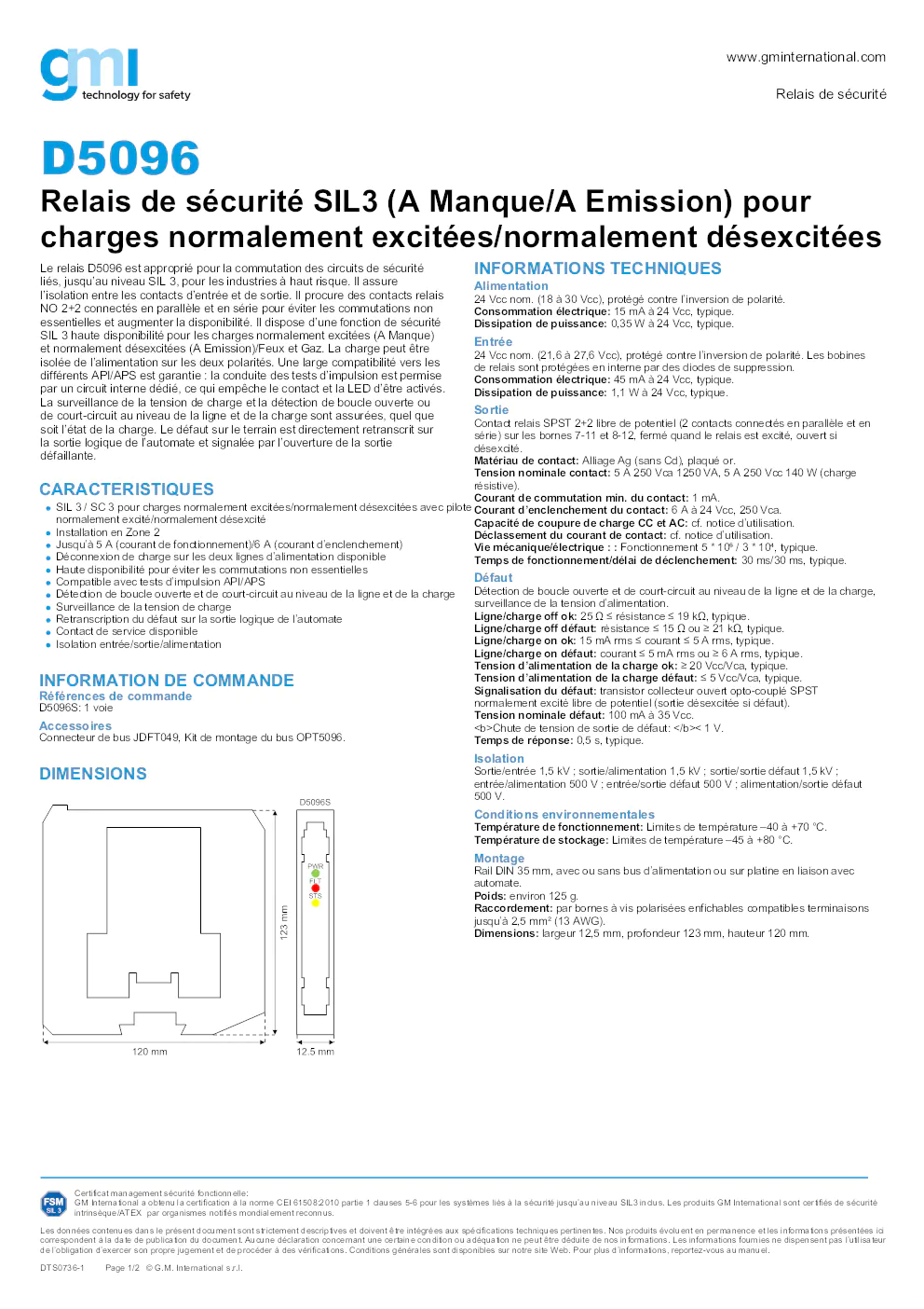 Image du document pdf : manuel du relais de sécurité D5096 de GM International  