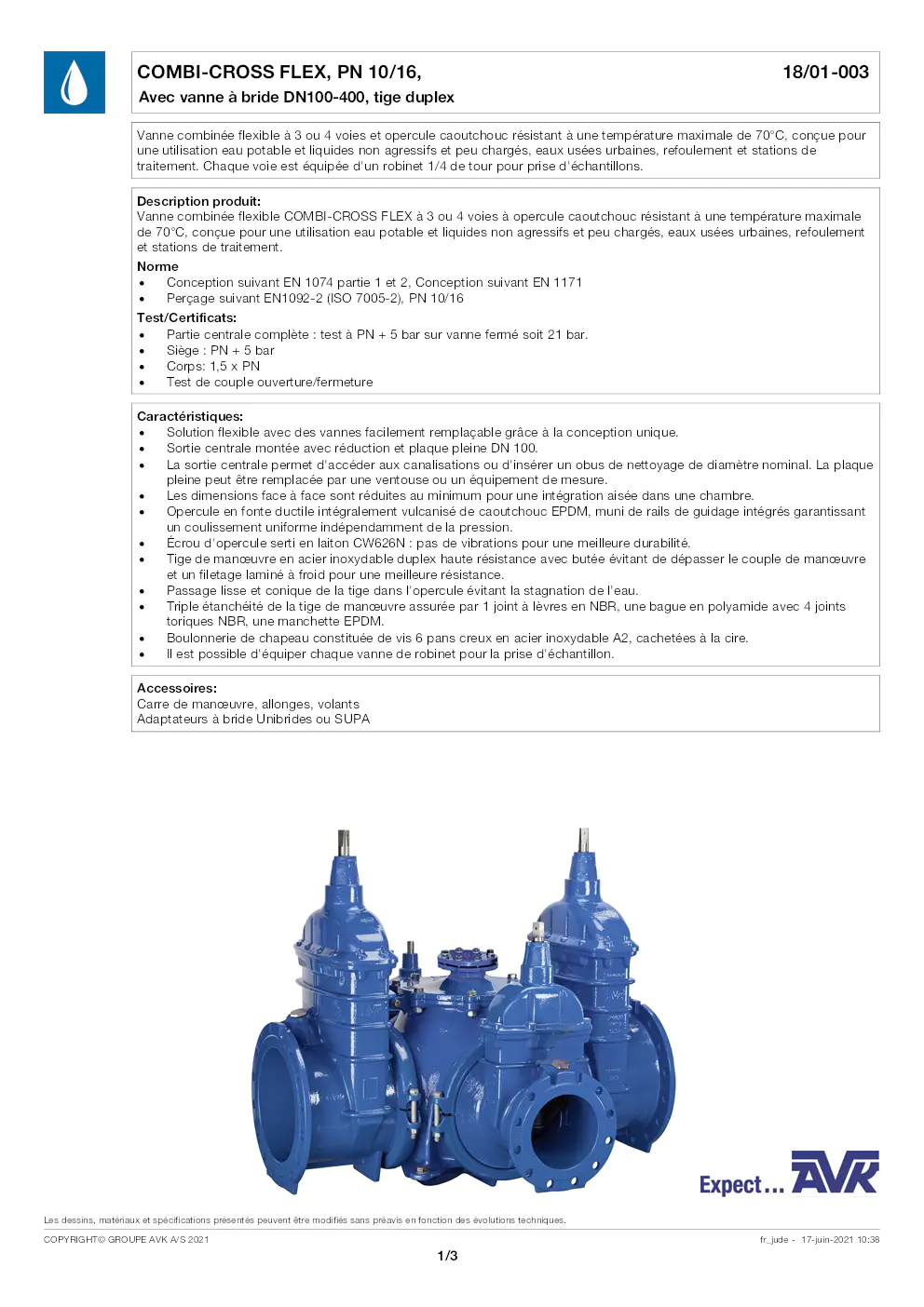 Image du document pdf : fiche technique de la vanne combi-cross flex pn 10/16 avec vanne à bride dn100-400  