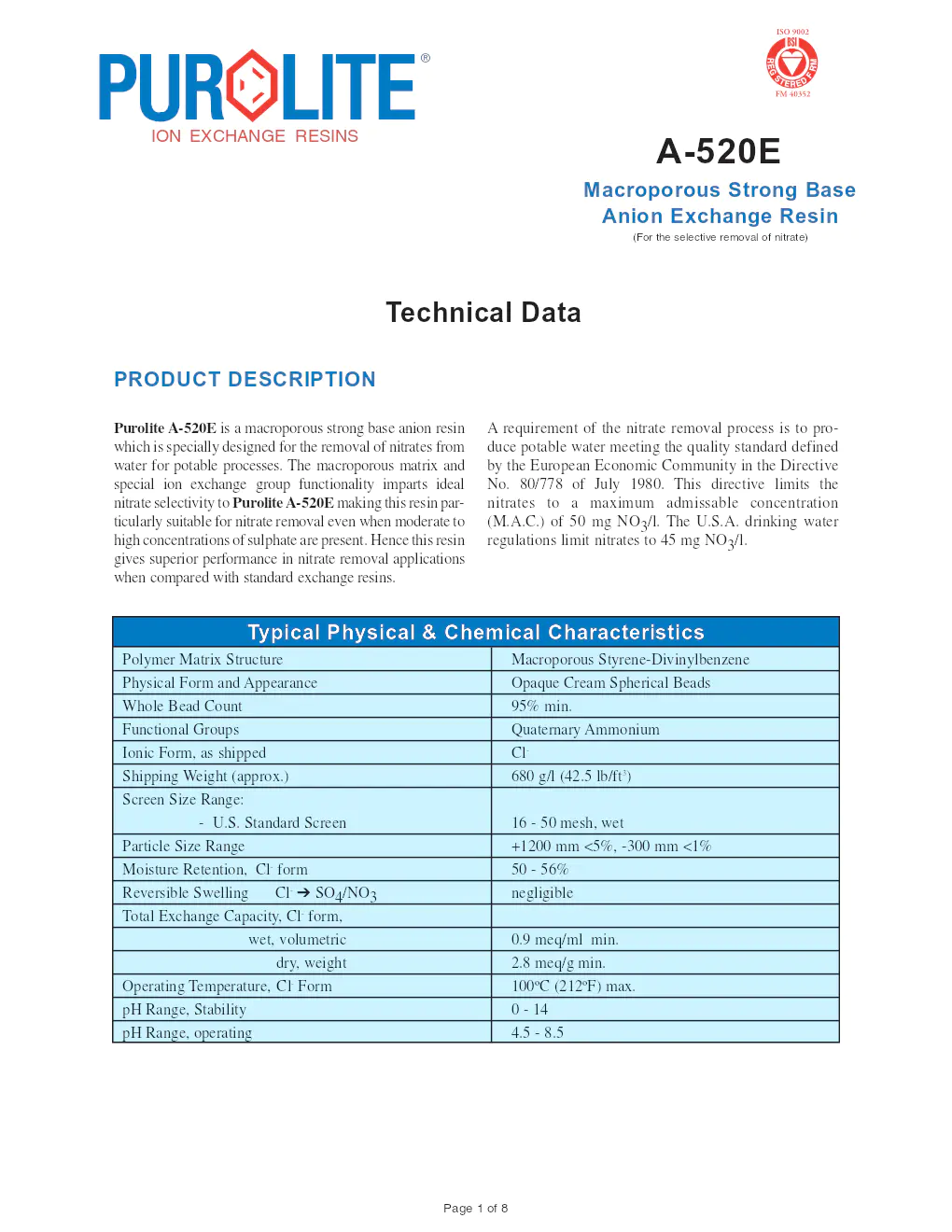 Image du document pdf : fiche technique de la résine échangeuse d