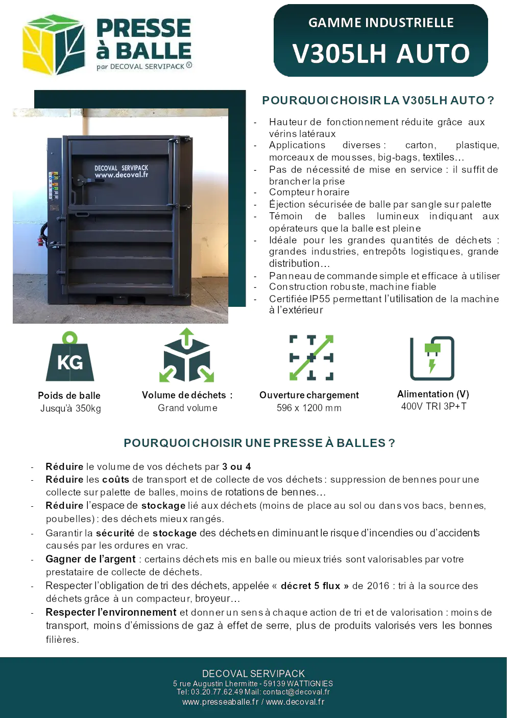 Image du document pdf : brochure de la presse à balles v305lh auto de decoval servipack  