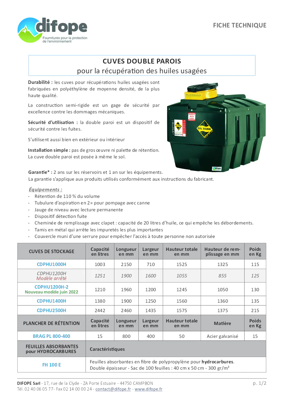 Image du document pdf : Fiche Technique des Cuves Double Parois pour la Récupération des Huiles Usagées  