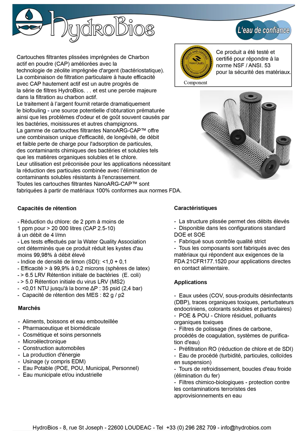 Image du document pdf : Brochure des Cartouches Filtrantes NanoARG-CAP™ de HydroBios  