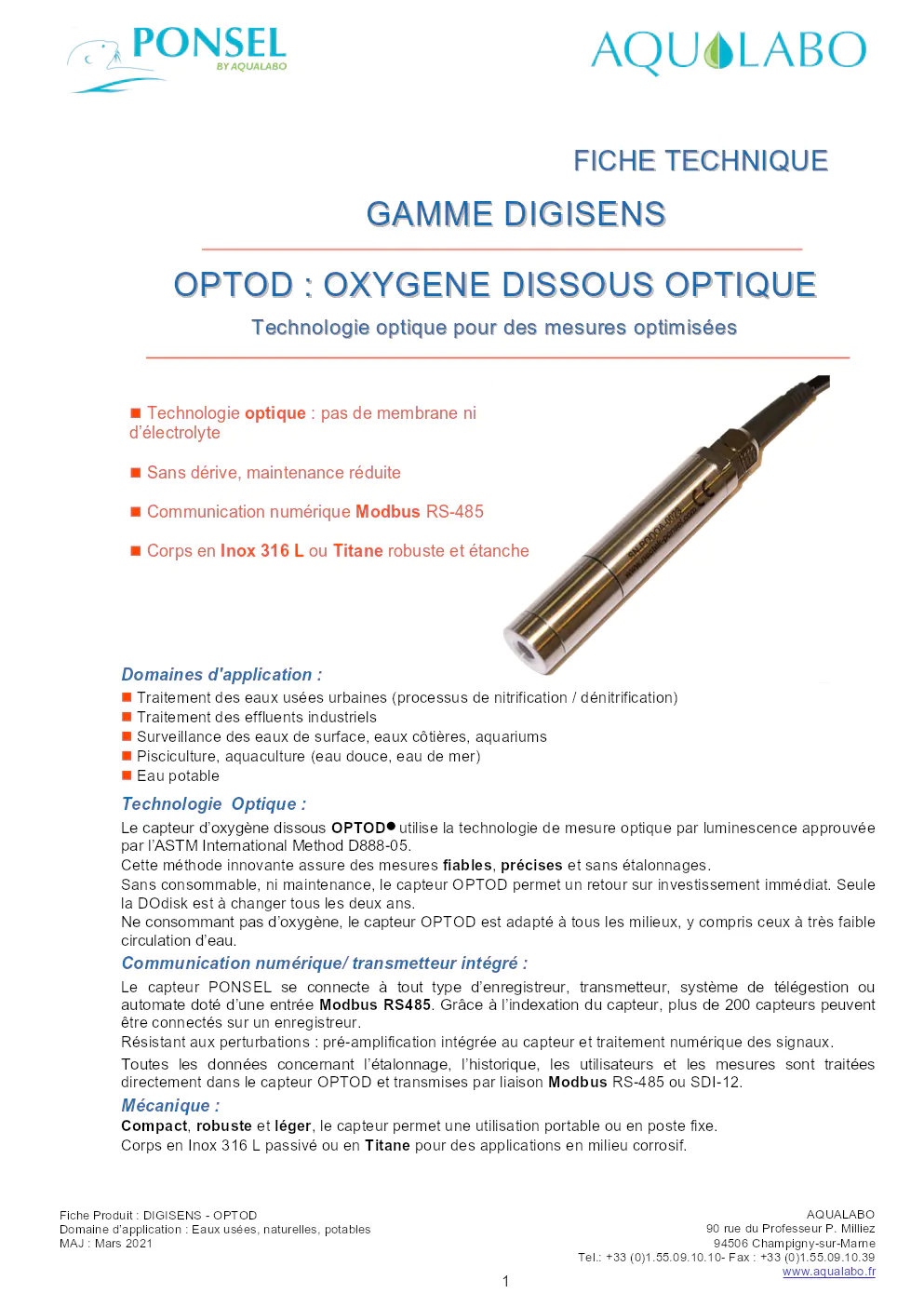 Image du document pdf : fiche technique du capteur optod d