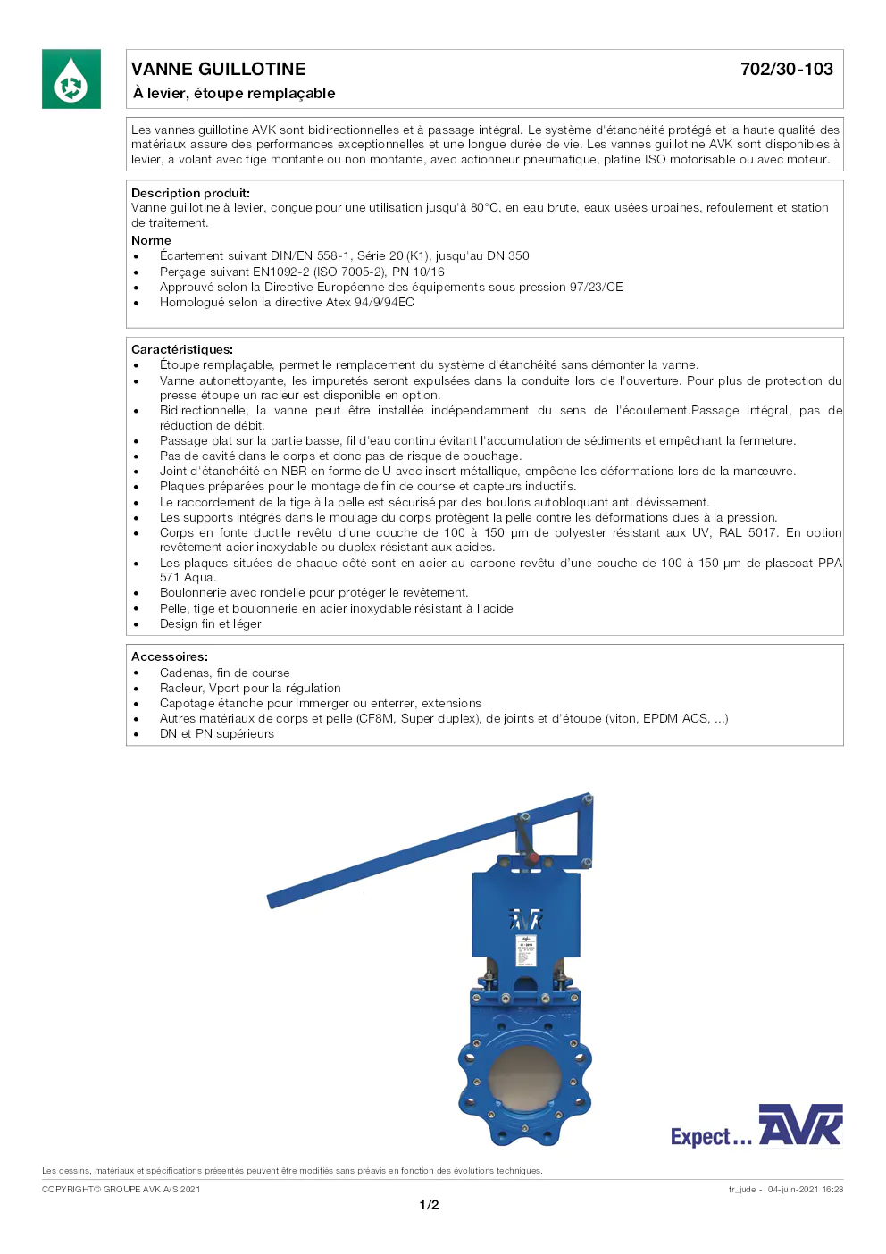 Image du document pdf : manuel de la vanne guillotine avk 702/30-103 à levier  