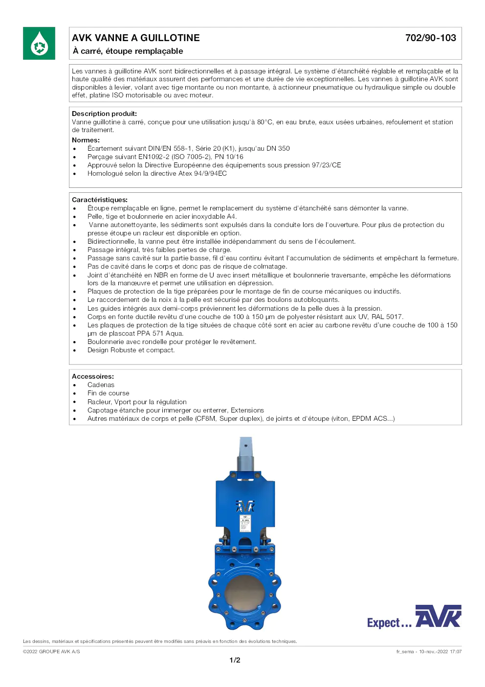 Image du document pdf : fiche technique de la vanne à guillotine avk 702/90-103  