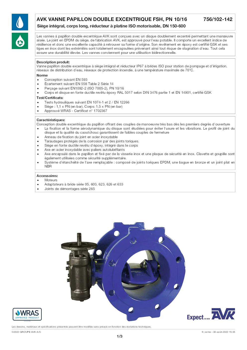 Image du document pdf : brochure de la vanne papillon double excentrique fsh avk pn 10/16  