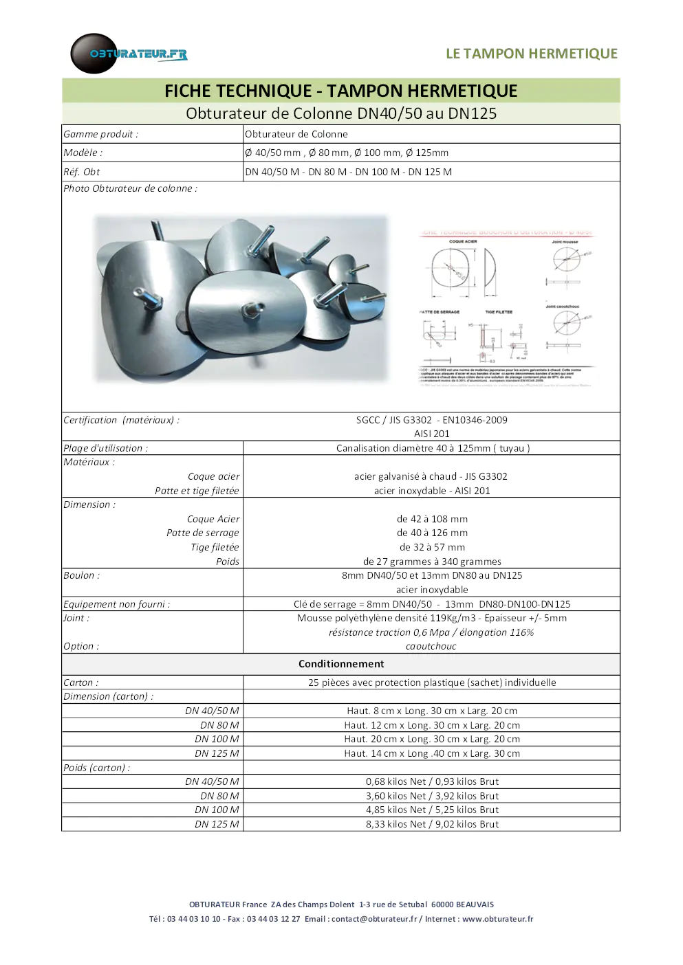 Image du document pdf : fiche technique du tampon hermétique  