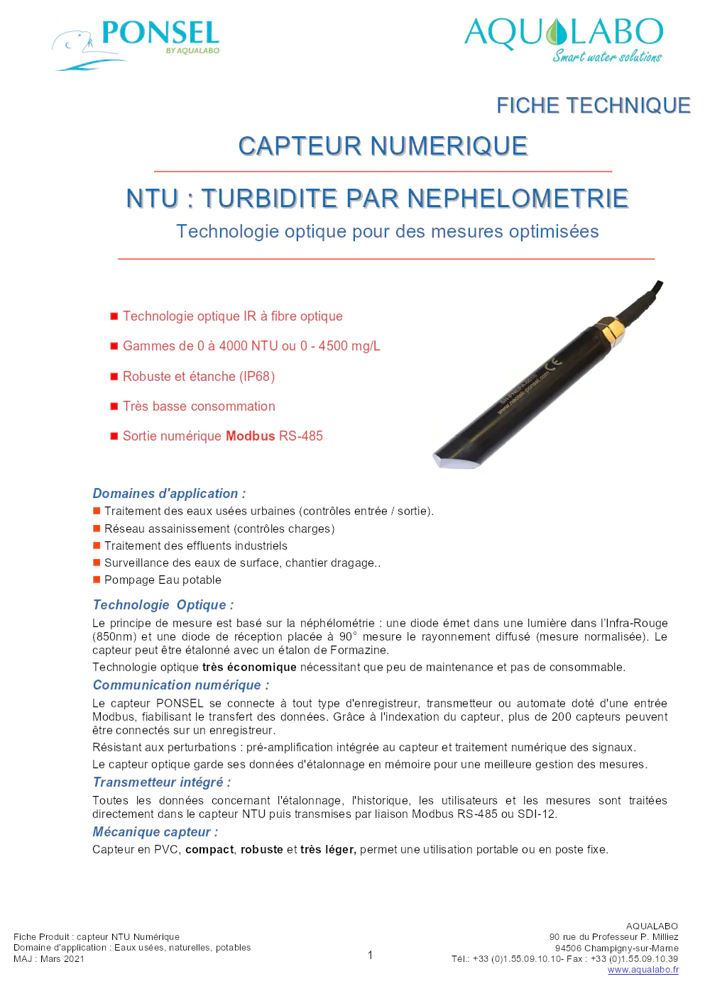 Image du document pdf : fiche technique du capteur numérique NTU de PONSEL  