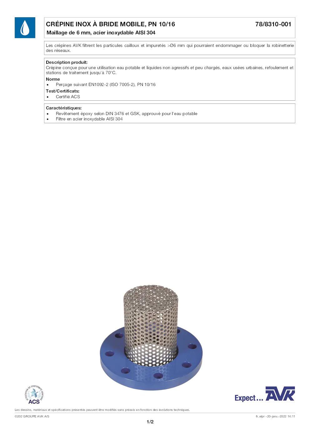 Image du document pdf : fiche technique de la crépine inox à bride mobile pn 10/16  