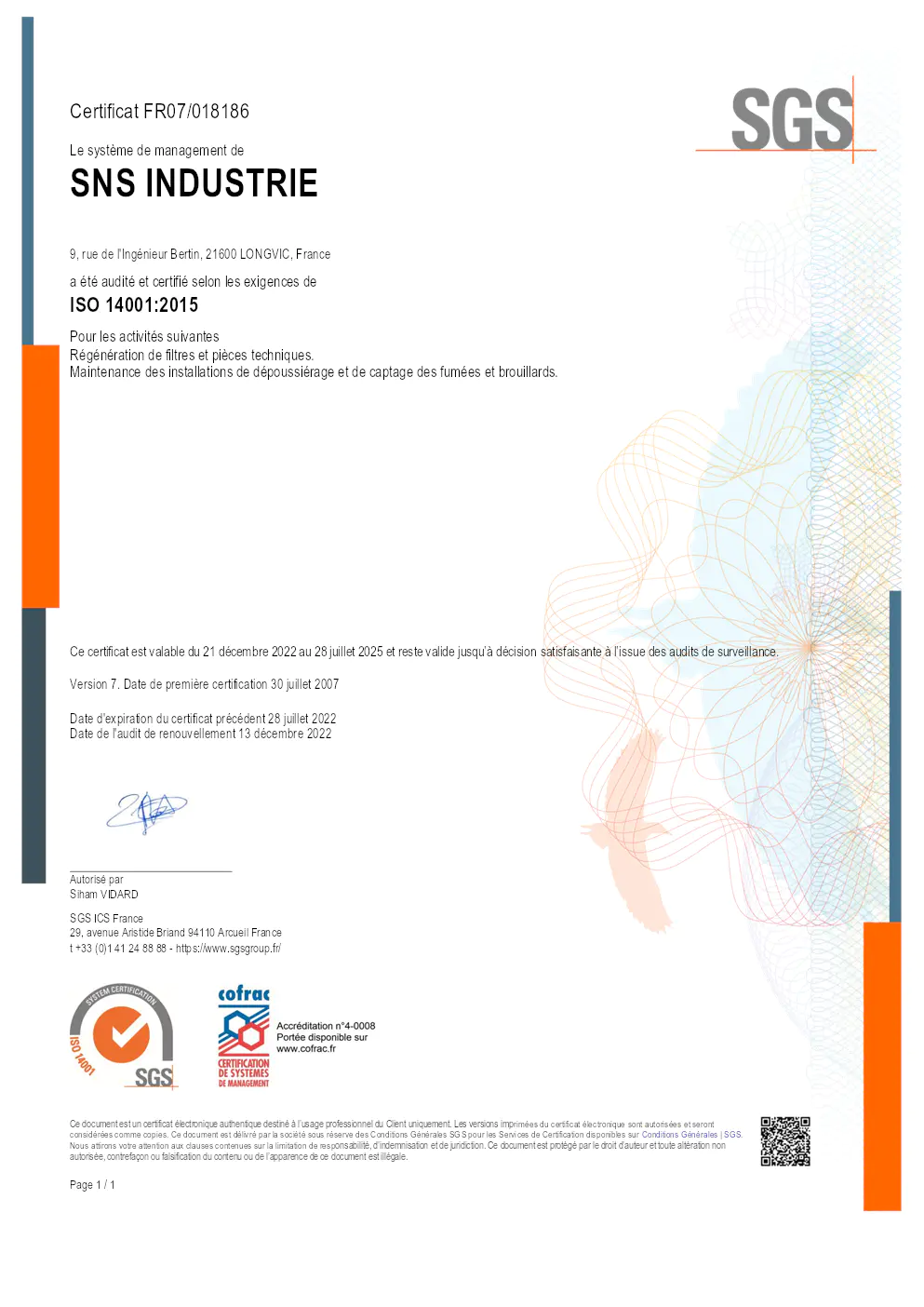 Image du document pdf : certificat iso 14001:2015 de sns industrie  