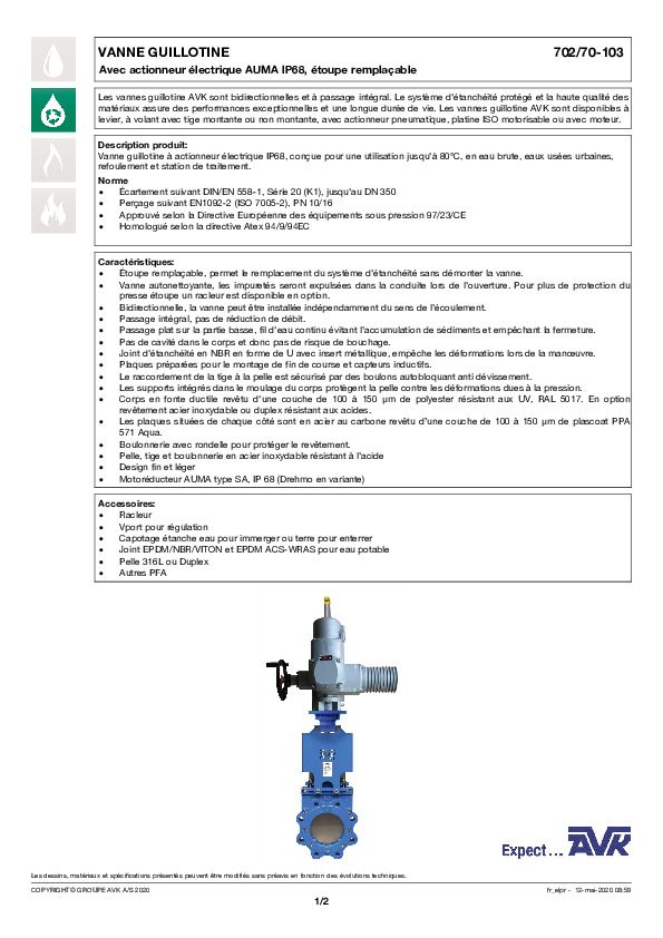 Image du document pdf : FT_Vanne guillotine actionneur e?lectrique_702-70-103_AVK010_FR  