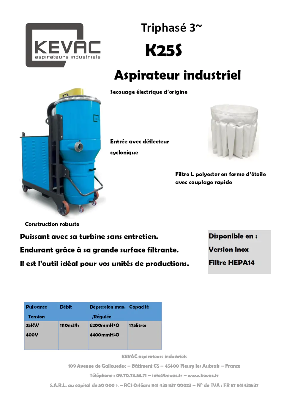 Image du document pdf : manuel du produit aspirateur industriel kevac k25s triphasé  