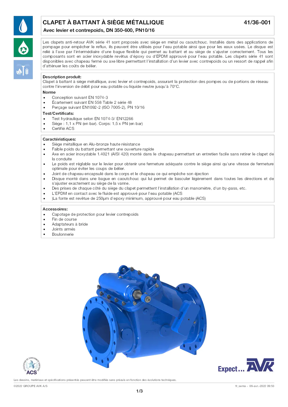 Image du document pdf : clapet à battant à siège métallique 41/36-001 avec levier et contrepoids  