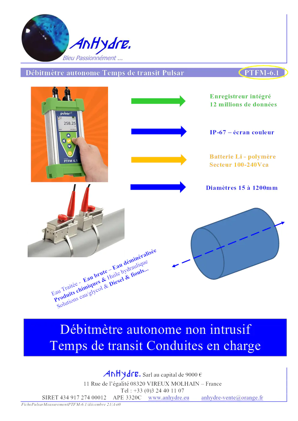 Image du document pdf : fiche technique du débitmètre autonome à temps de transit pulsar ptfm-6.1  