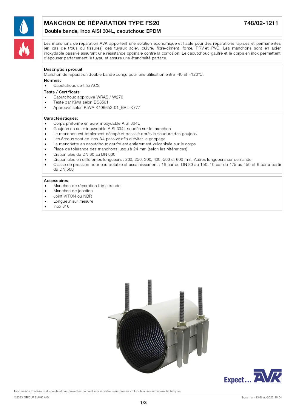 Image du document pdf : fiche technique du manchon de réparation type FS20 de AVK  