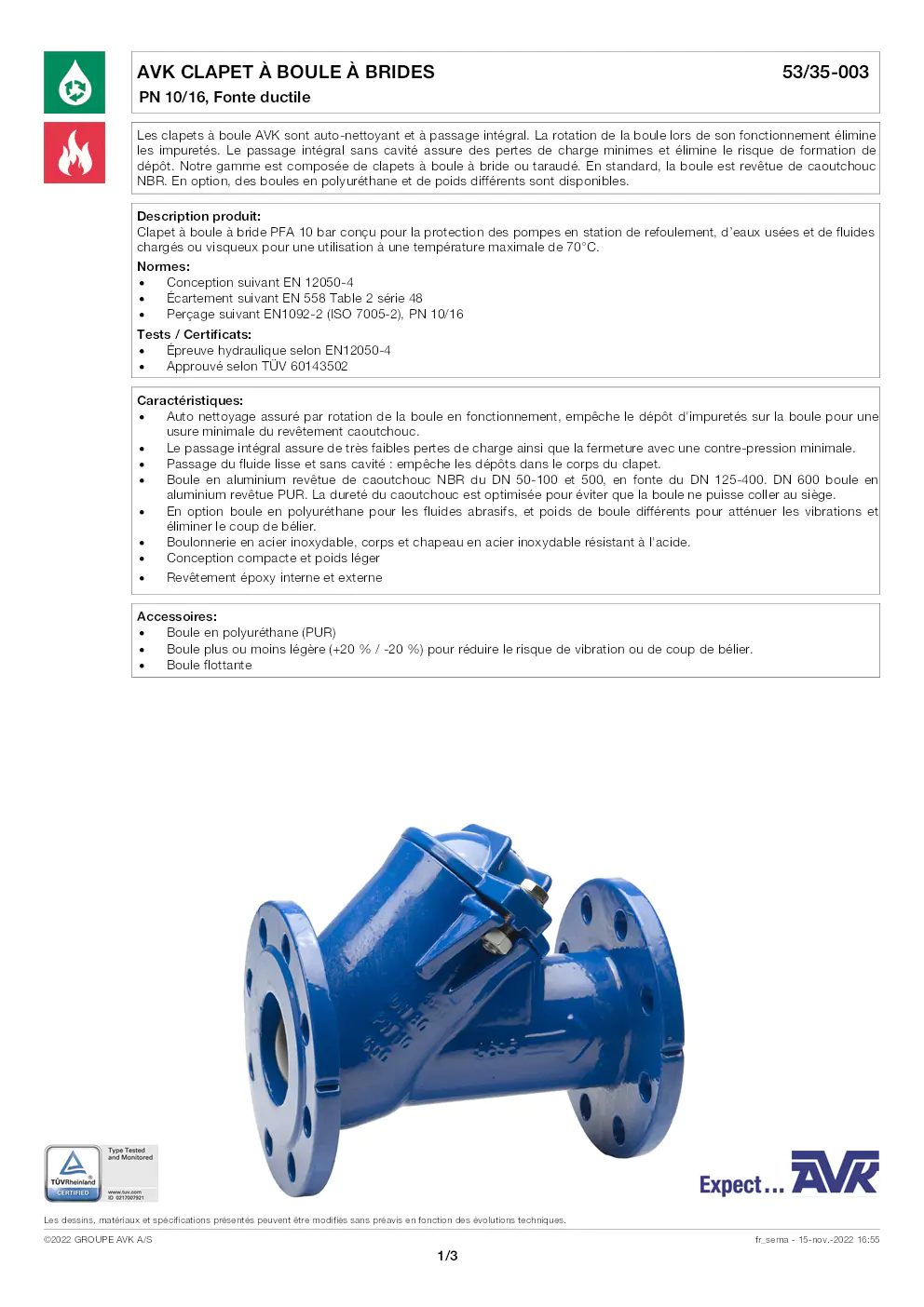 Image du document pdf : fiche technique du clapet à boule à brides AVK 53/35-003  