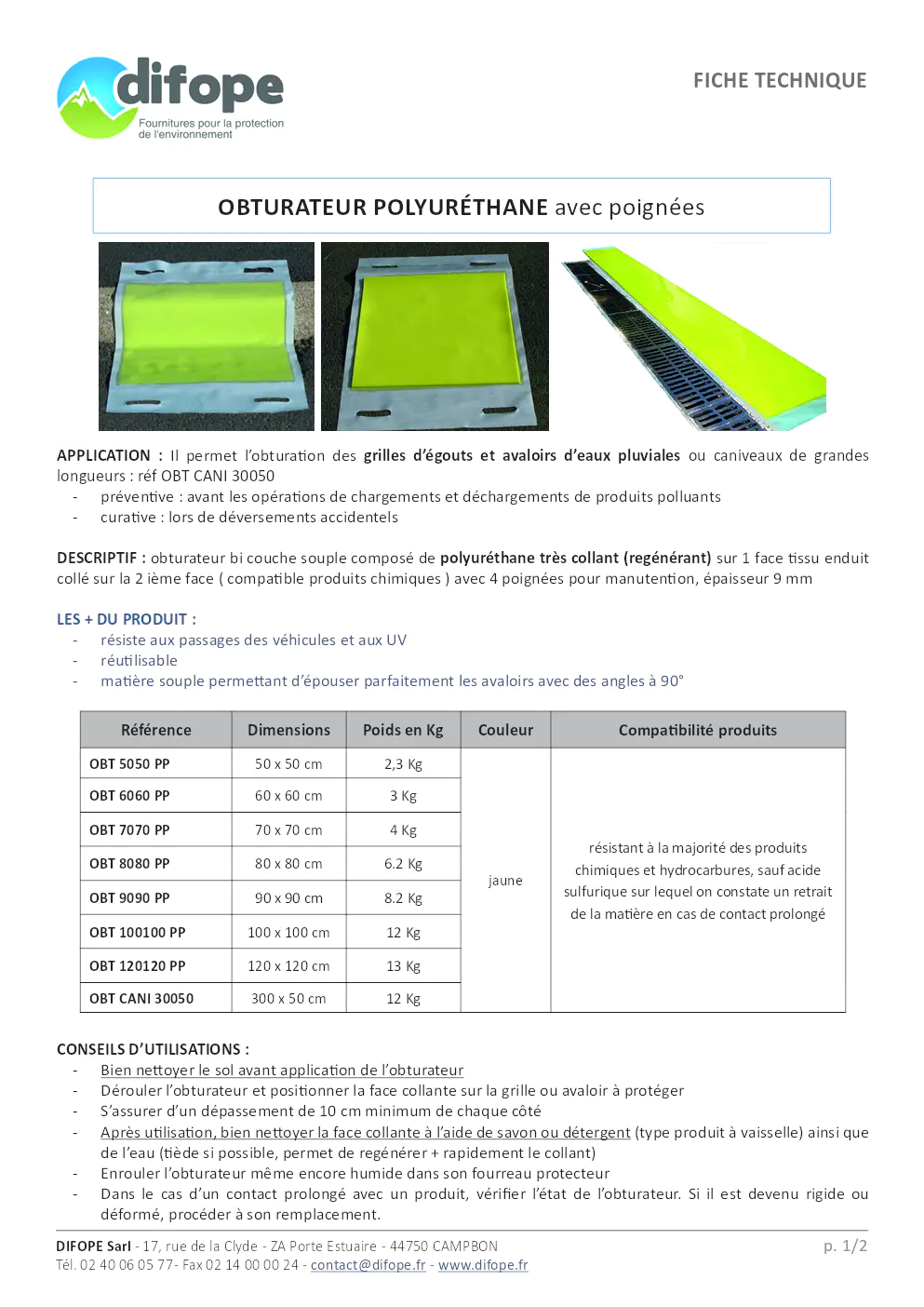 Image du document pdf : fiche technique des obturateurs et barrages polyuréthane avec poignées  