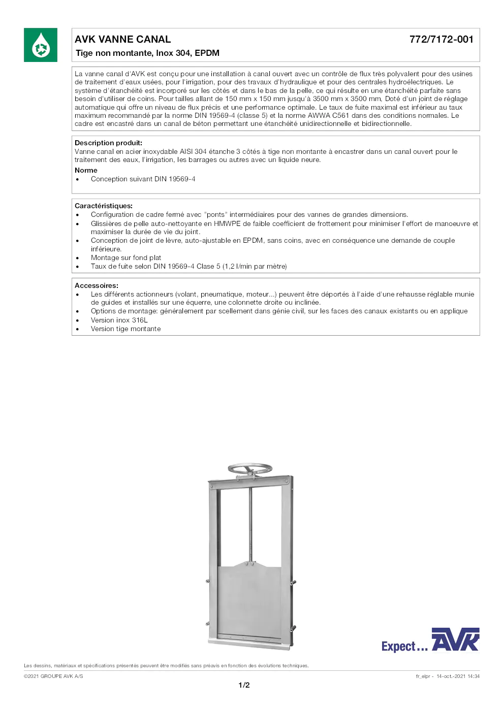 Image du document pdf : fiche technique de la vanne canal AVK 772/7172-001  