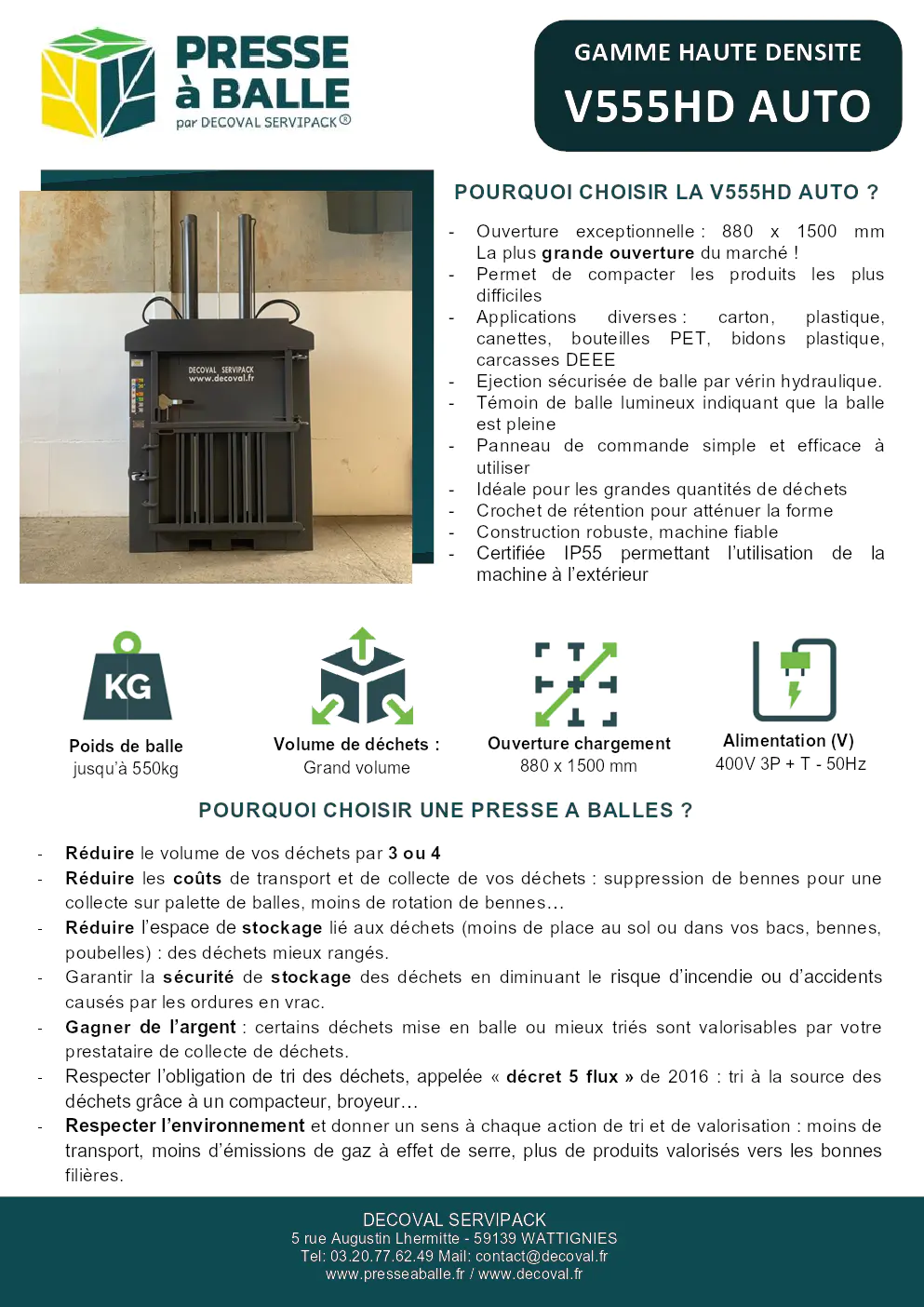 Image du document pdf : brochure de la presse à balles v555hd auto de decoval  