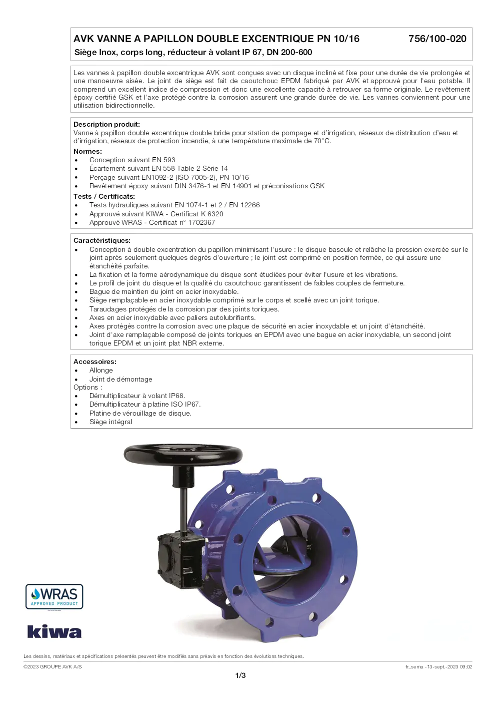 Image du document pdf : fiche technique vanne à papillon double excentrique AVK PN 10/16 756/100-020  