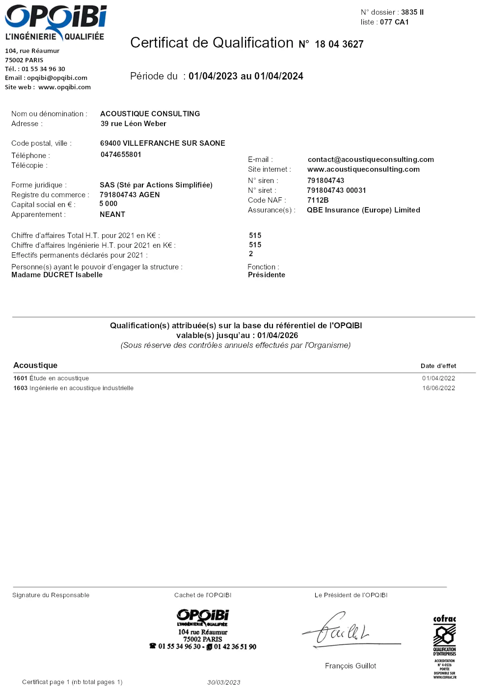 Image du document pdf : certificat de qualification acoustique consulting 2023  