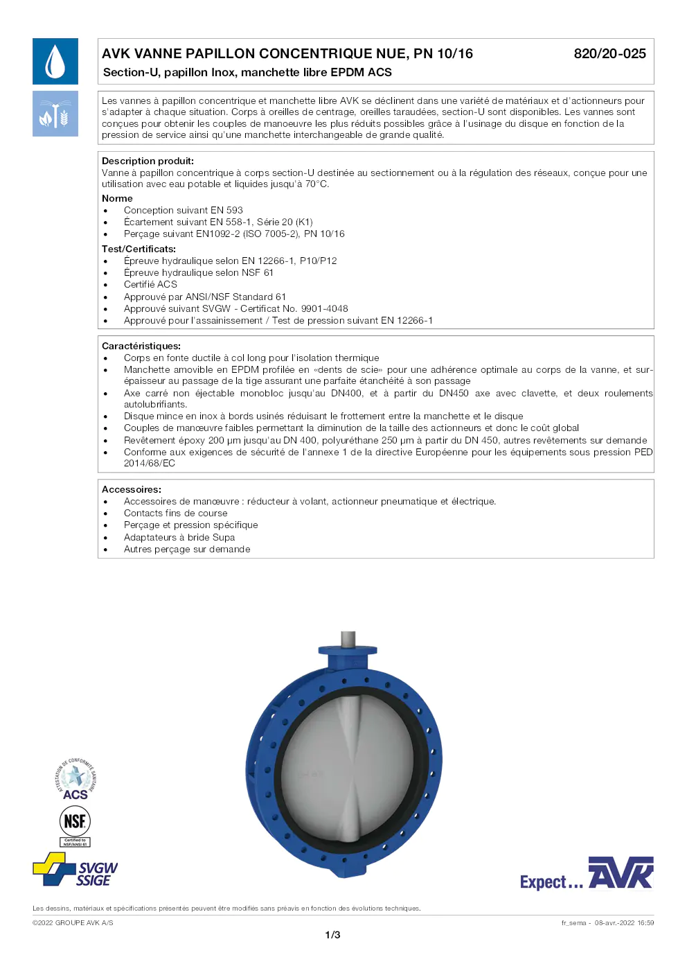 Image du document pdf : FT_Vanne papillon section U Inox EPDM ACS nue 820-20-025_AVK010_FR  