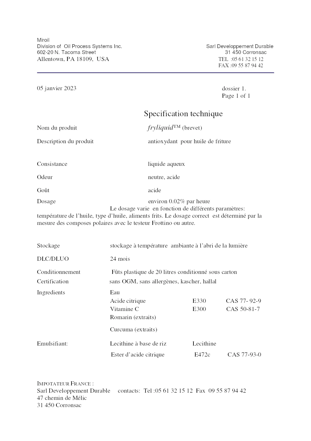 Image du document pdf : spécification technique de fryliquid, antioxydant pour huile de friture  