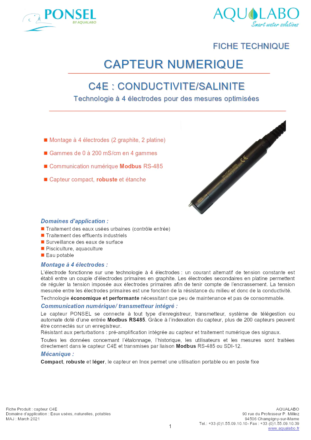 Image du document pdf : fiche technique du capteur numérique C4E pour conductivité/salinité  