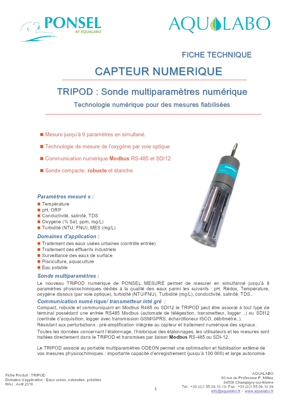 Image du document pdf : fiche technique du capteur numérique tripod  