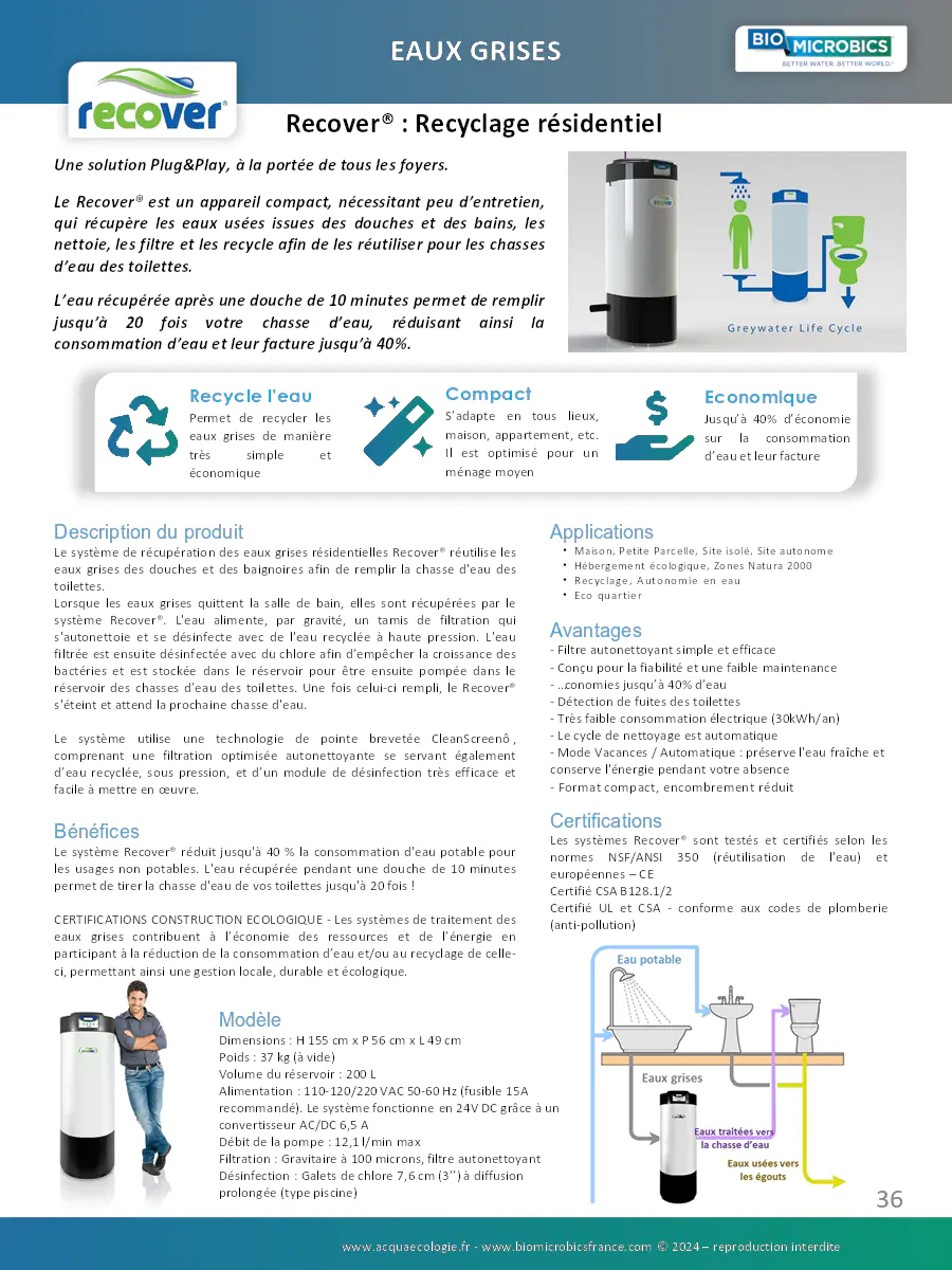 Image du document pdf : brochure du produit recover pour le recyclage des eaux grises résidentielles  