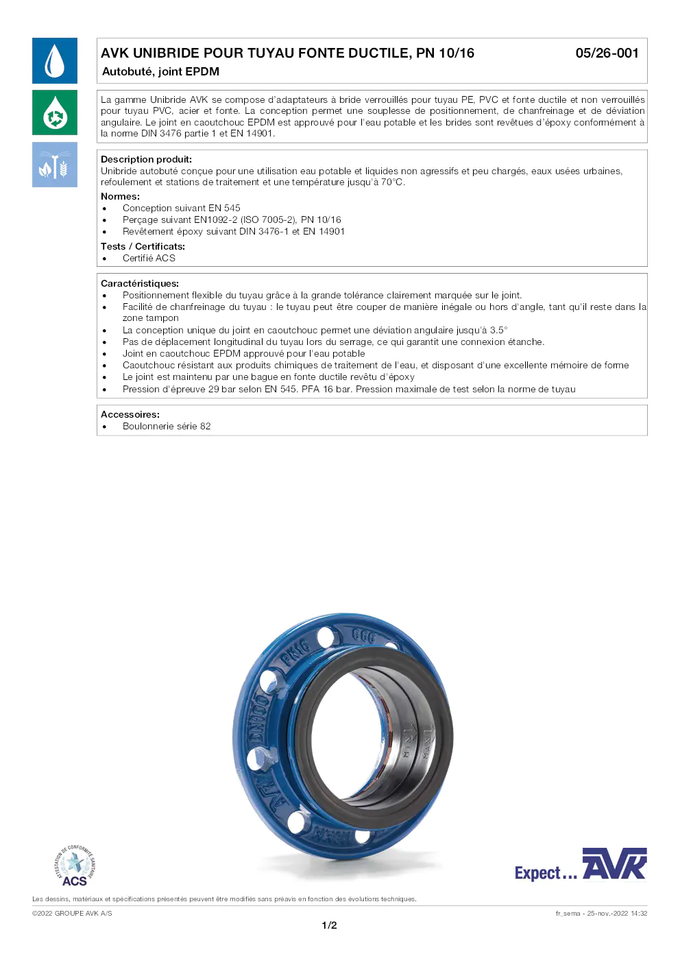 Image du document pdf : fiche technique avk unibride pour tuyau fonte ductile pn 10/16  