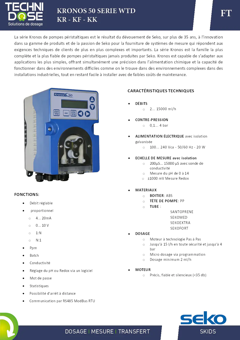 Image du document pdf : fiche technique des pompes péristaltiques kronos 50 série wtd  