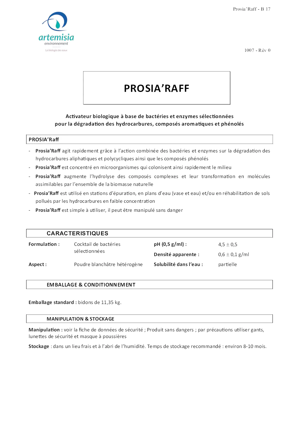 Image du document pdf : Prosia’Raff B17 - Fiche Technique de l